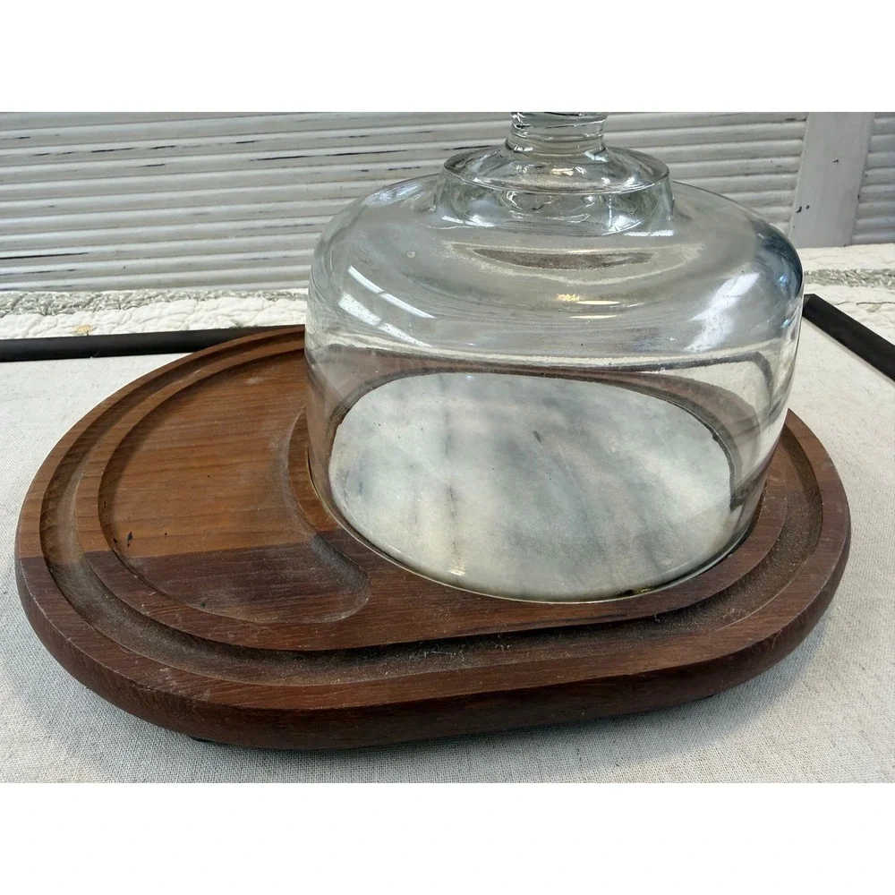 Vintage Digsmed Denmark Teak‎ Cheese Board Marble Inlay Glass Cloche Dome MCM